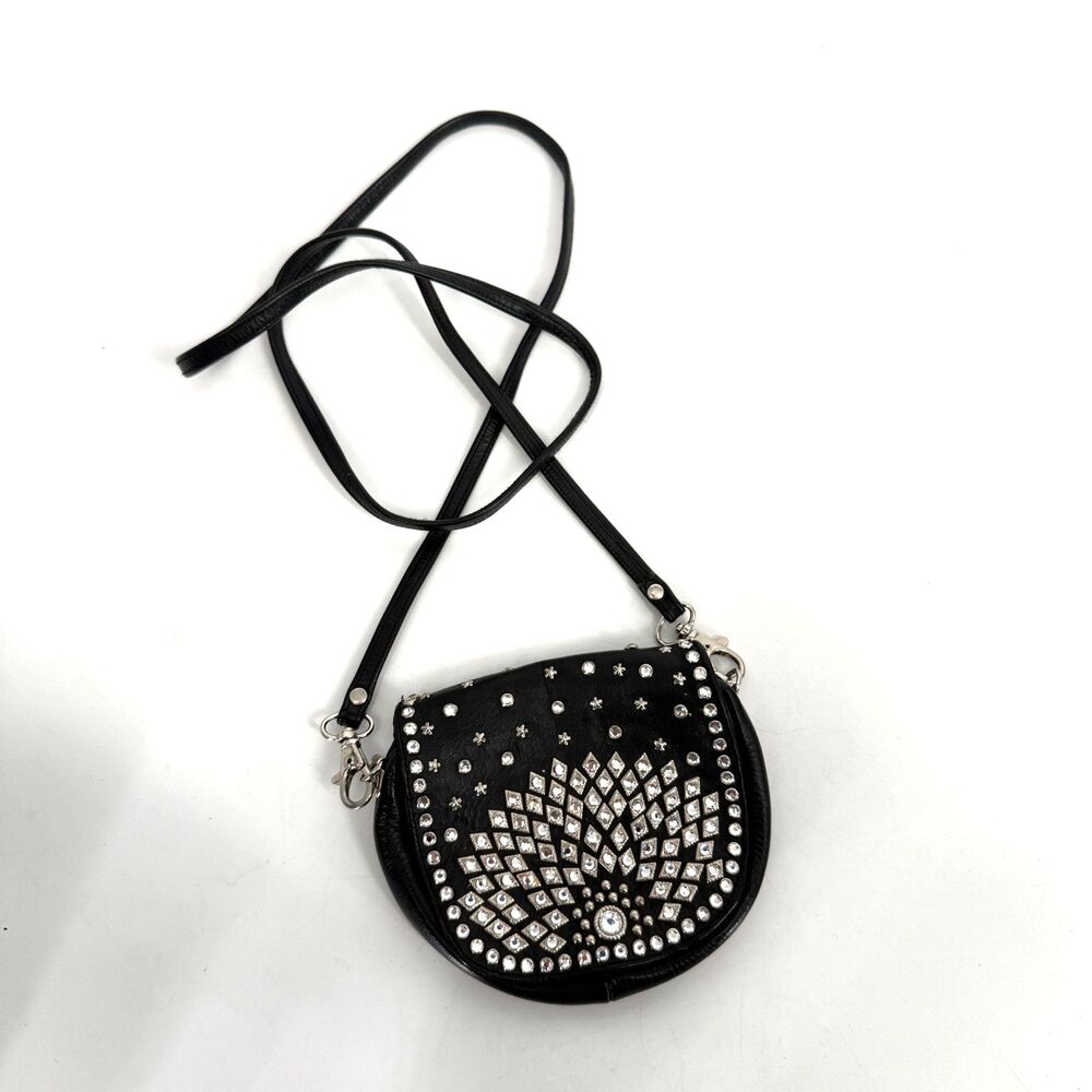 Vintage Y2k Belt Bag Kippy Black Leather Crossbody Bling Rhinestone Concert Bike